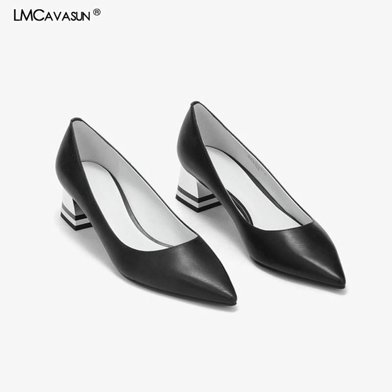 

LMCAVASUN Pointed toe Shollow Single Shoes Fashion High Heels with Double Line Women's shoes Block heel Simple, Black