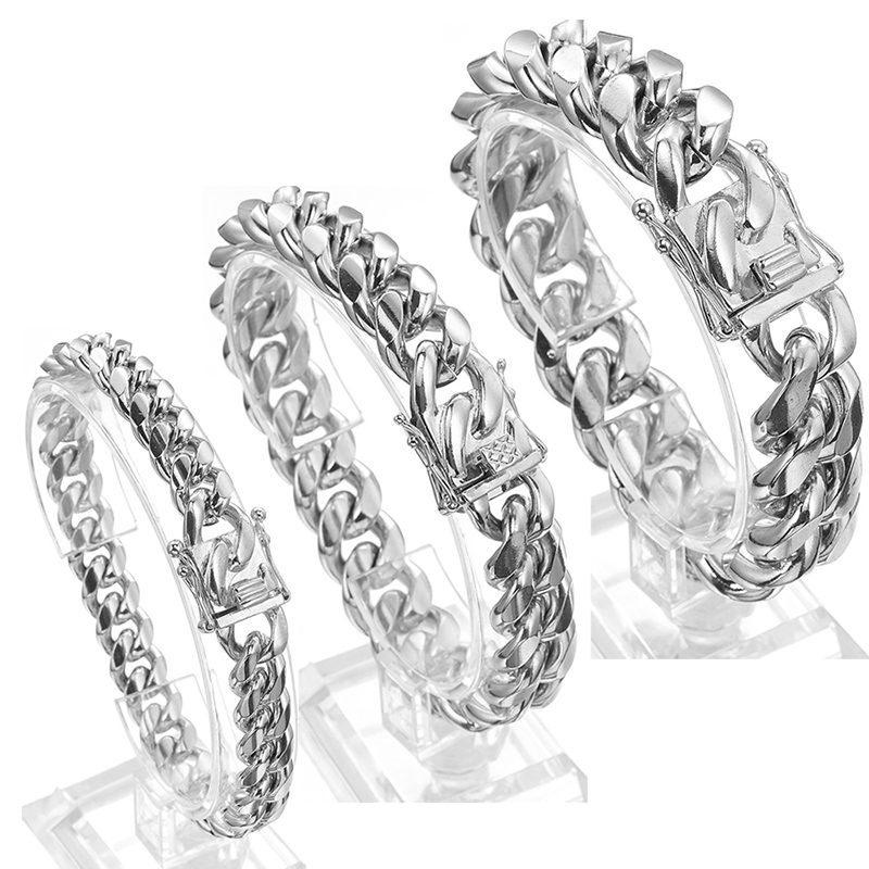

8-18mm Cuban Curb Miami Chain Bracelet Silver Color Stainless Steel Link Chain Bracelets & Bangles for Men Hip Hop Rock Jewelry