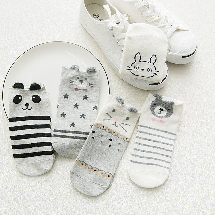 

5Pairs New Arrivl Women Cotton Socks Pink Cute Cat Ankle Socks Short Casual Animal Ear Red Heart Gril 35-40, Beige