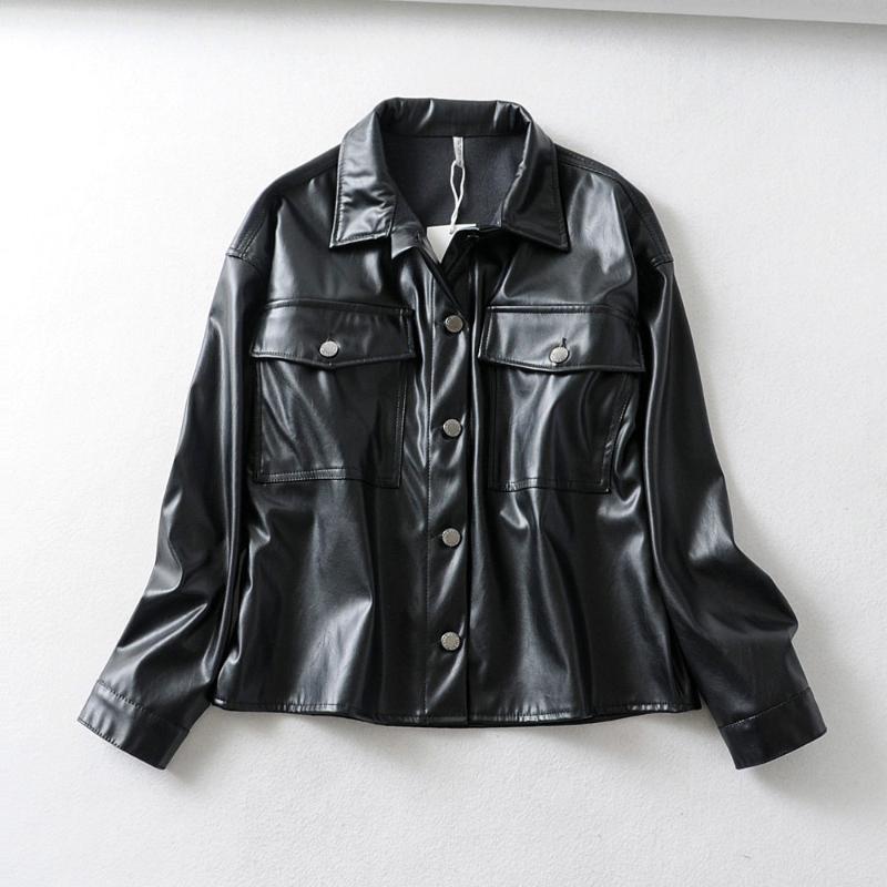 

2020 autumn loose PU leather jacket women casual coats turn down collar single breasted black outwear jaqueta de couro feminina