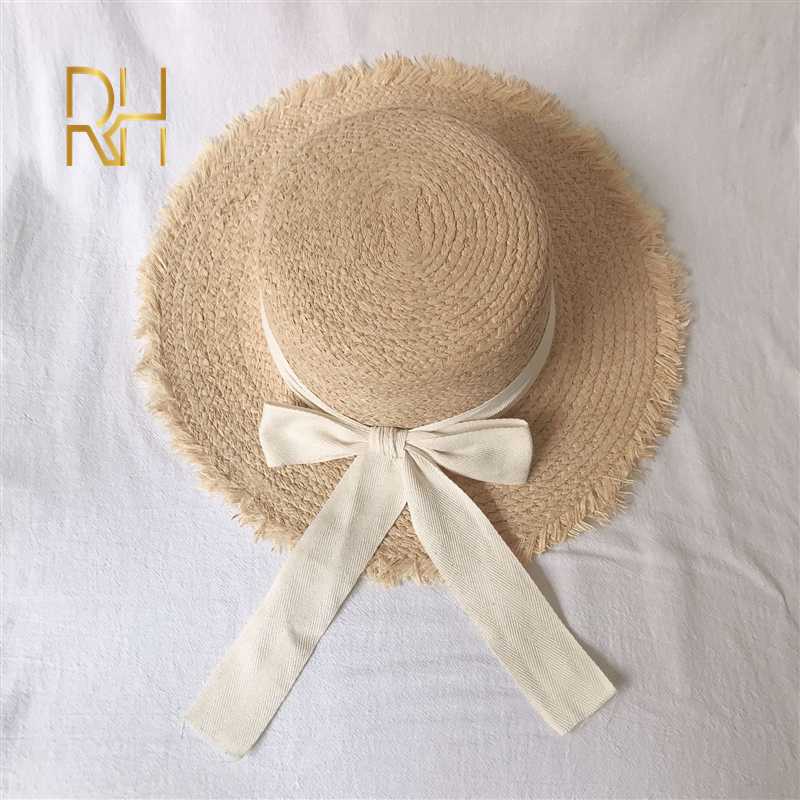 

Hot Sale Flat High Sun Hat Summer Spring Women's Travel Caps Beach Raffia Straw Fedora Hat Breathable Fashion Bowknot RH, Black ribbon