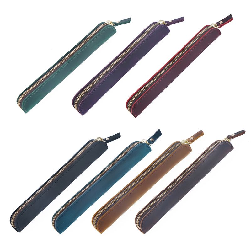 

Handmade Leather Pencil Bag Vintage Retro Zipper Fountain Pen Brush Pouch Case