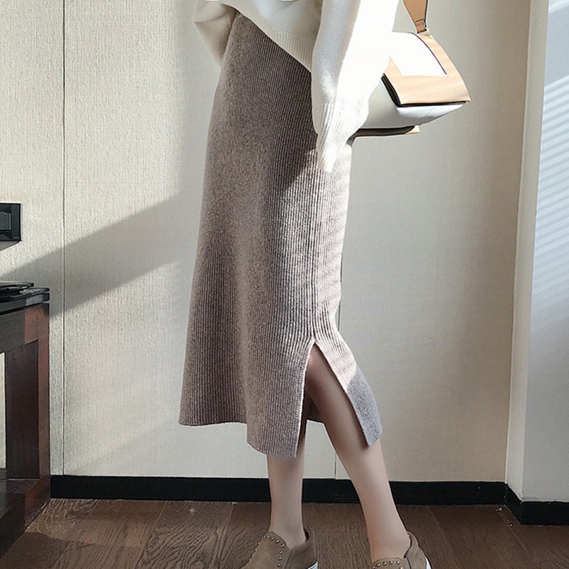 

Ailegogo 2020 Women Autumn Winter Knitted Midi Skirts Mid-Calf Straight Empire Korean Style Elegant Split Female Skirt SK5706, Black