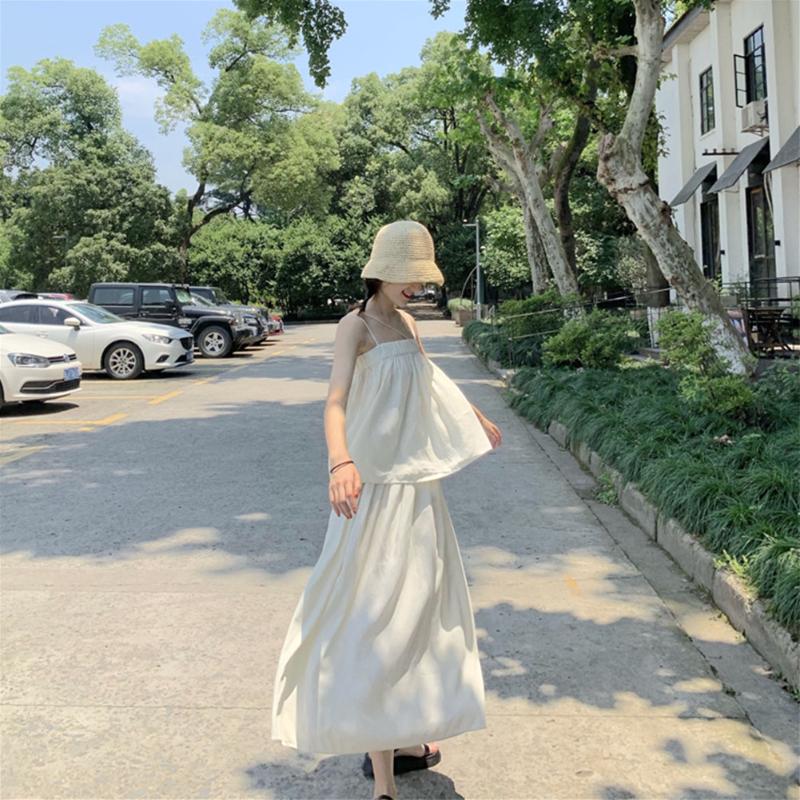 

Women Two Piece Casual Beach Solid Sexy Fashion Party Suspender Sleeveless Ruffles Loose Dress Set Summer Holiday, As pic