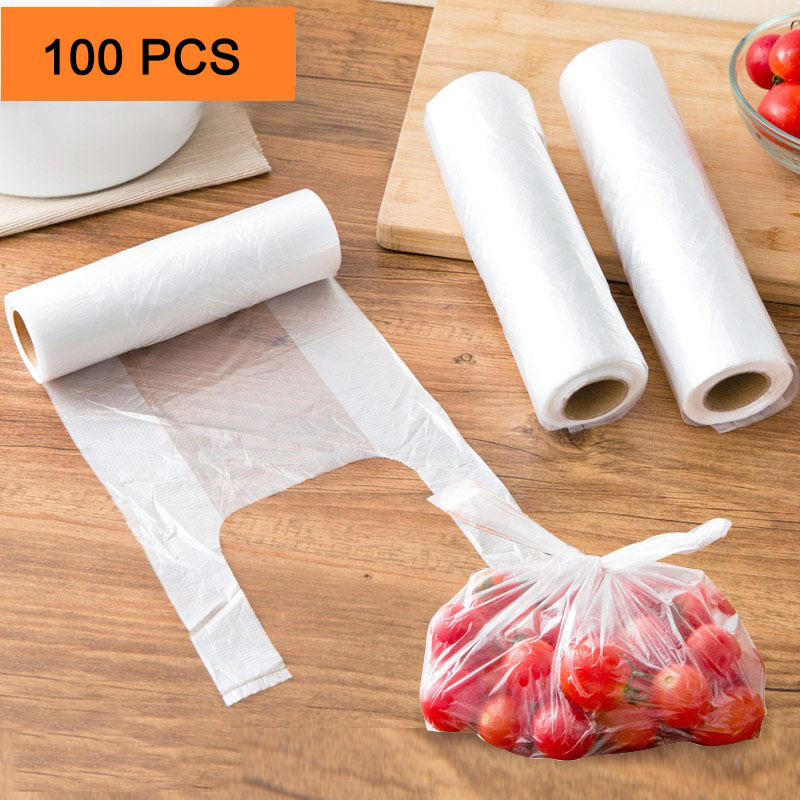 

100PCS Transpare Roll Fresh-keeping Plastic Bags of Vacuum Saver Bag 3 Sizes Storage Bags with Handle Keep Fresh HK099