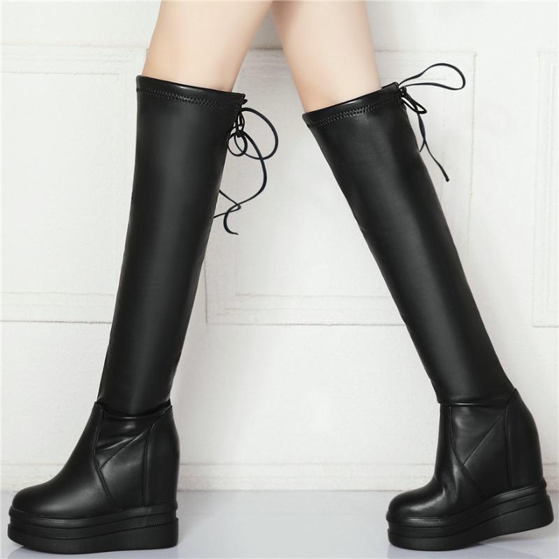 

Fashion Sneakers Women Genuine Leather Stretchy High Heel Over The Knee High Boots Lace Up Wedges Platform Pumps Shoes, Black