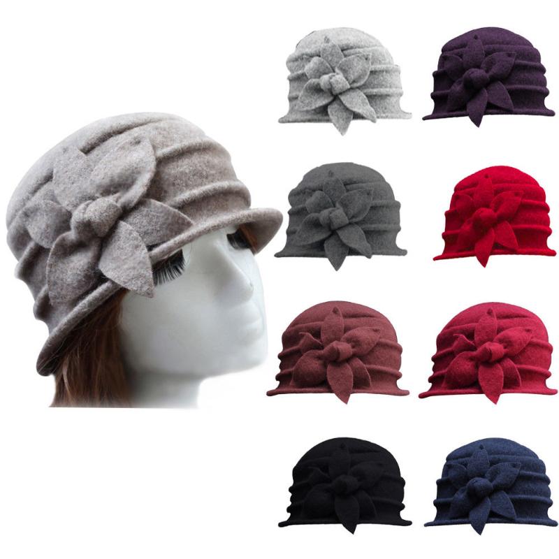 

Women's Ladies Winter Vintage Elegant Wool Flower Felt Hat Cloche Bucket Cap, Black