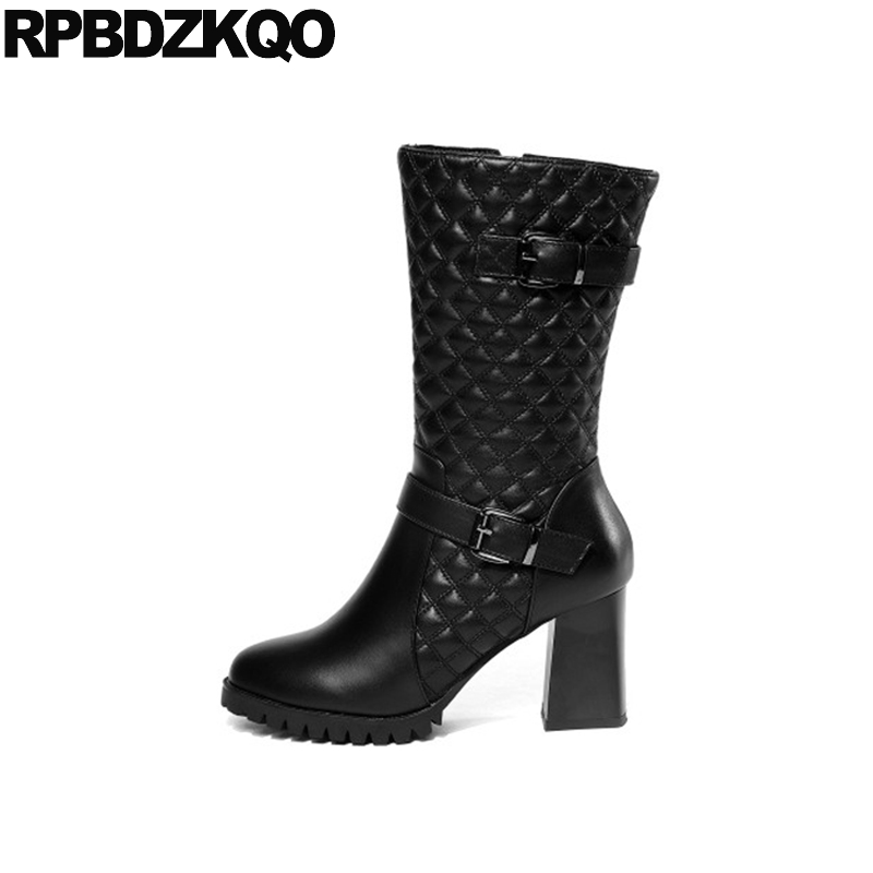 

mid calf high quality fur fall heel belts brand women winter boots genuine leather round toe black chunky shoes autumn metal