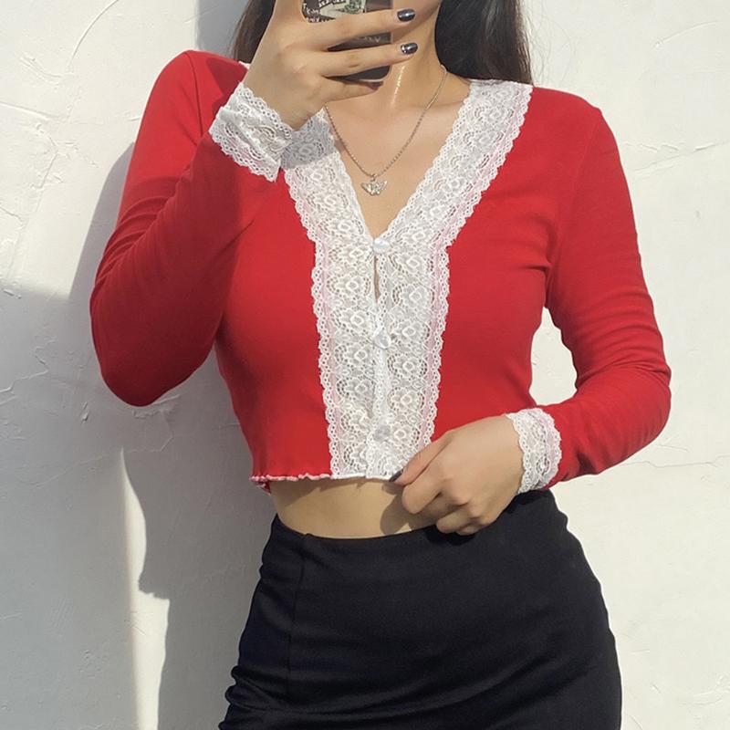

Knitted Lace Trim Y2k Tops T Shirt Women Sexy Skinny Button T Shirts Knitted Long Sleeve Crop Tops Y2k 90' Aesthetic Top Femme, Red
