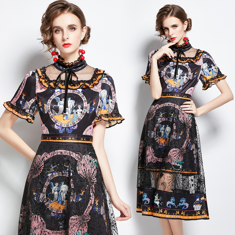 

New Summer Runway Vintage Print Lace Patchwork Ruffled Stand Mock Neck Short Bell Sleeve Women Ladies Casual Party Beach A-Line Midi Dress, Black;gray