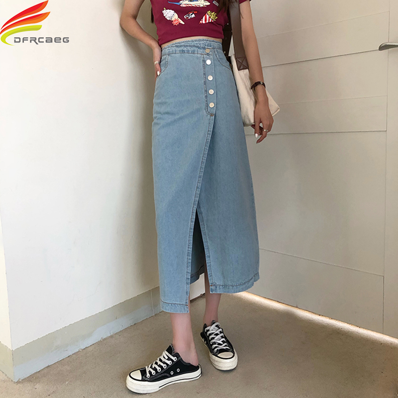 

New 2020 Autumn High Waist Irregular Single Button Long Skirt Jeans Fashionable Casual Lady Elegant Denim Skirts Womens Hot Sale, Blue