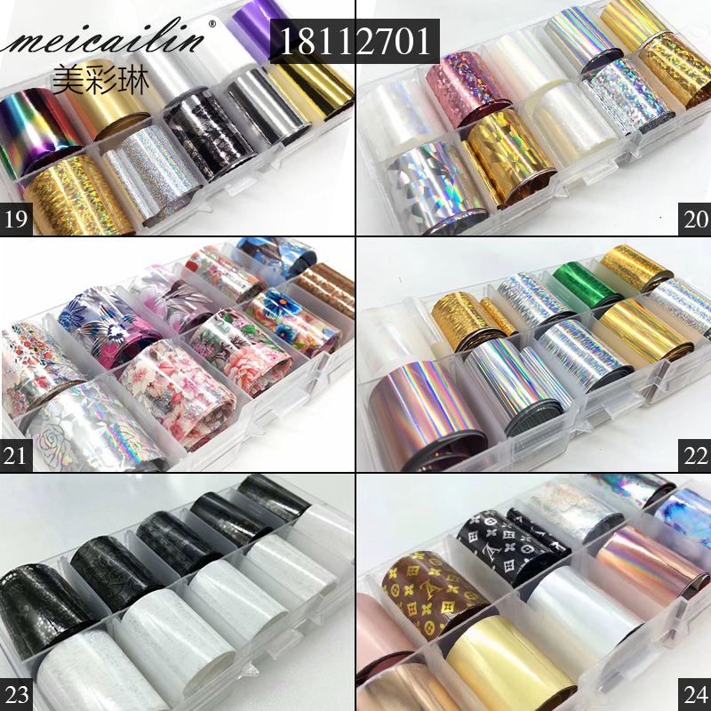 

10 Design/set 2.5*100cm DIY Holographic Transfer Foil Nail Art Stickers Starry Paper AB Metal Color UV Gel Wraps Adhesive Decals, 18112701-10