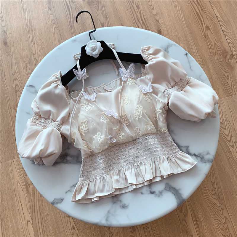 

HIGH STREET Newest Fashion 2020 Designer dress Women' Square Collar Lantern Sleeve Gauze Embroidery short Blouse Top, Khaki