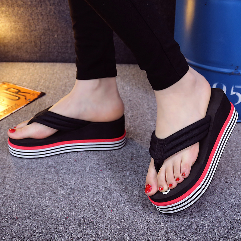 

2020 New Summer Women Flip flops Fashion Slope and Thick Sand Beach Slippers Candy Color Wedges Platform Outdoor Slippers, Rosy red