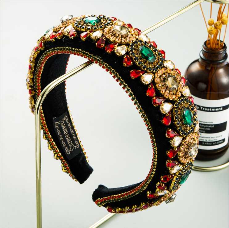 

New Fashion Luxury Super Flash Color Rhinestone Hairbands Women's Baroque Style High-end Gold Velvet Wide Side Headbands