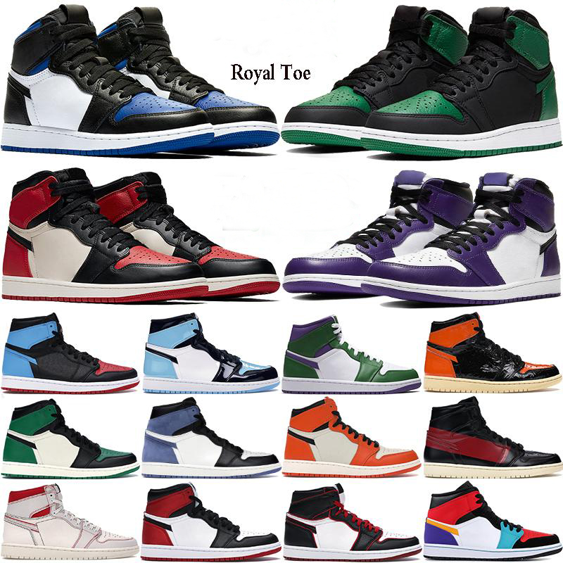 

New 1 high OG basketball shoes 1s Royal black Toe pine green black court purple white UNC Patent men women stylist sneakers trainers