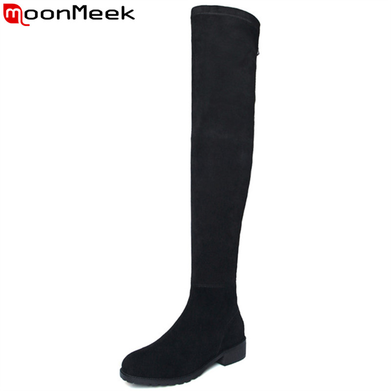 

MoonMeek black fashion over the knee boots round toe zip pu+cow leather boots med heel ladies long 2020 hot sale new, Black cow leather