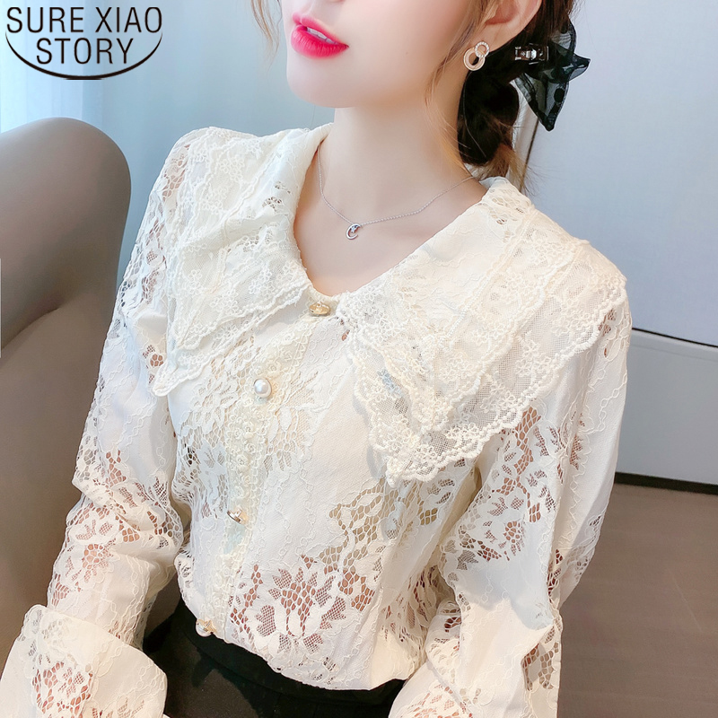 

Autumn Korean Fashion 2020 New Lace Shirt and Blouse Women Hollow Out Blouse Doll Collar Loose Sweet Long Sleeved Shirt 11126, Creamy-white