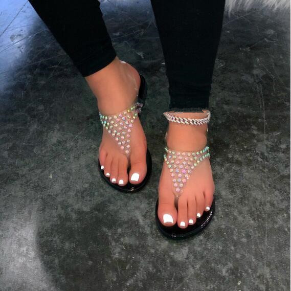 

2020 autumn factory direct sales ladies rhinestone flip-flop flat sandals ethnic style slippers wholesale, Black