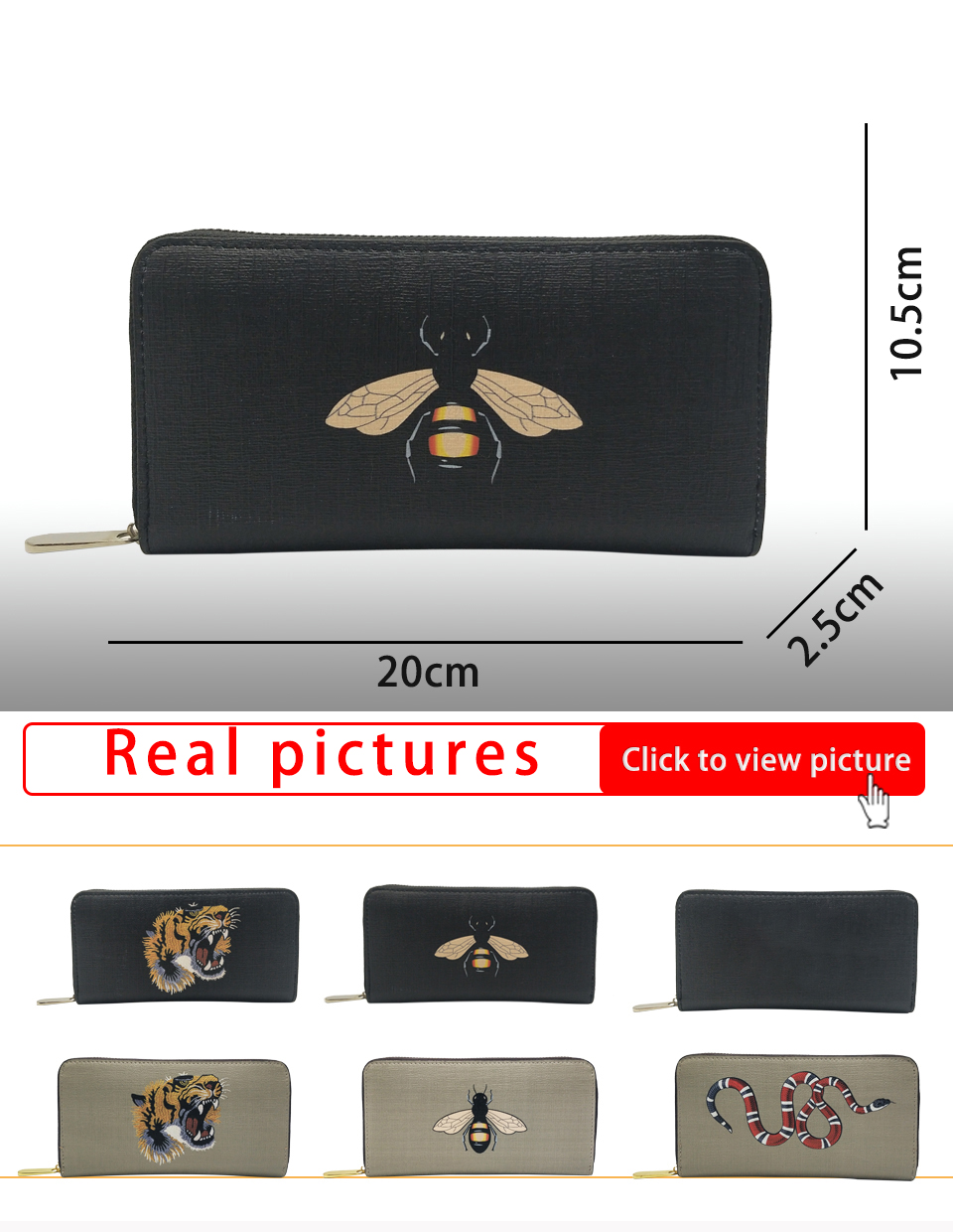 

New Bee Tiger Coral Snake Printed Premium Faux Coated Canvas Full Zip Wallet Black Grey Printed Long Wallet G451273, G451273tiger