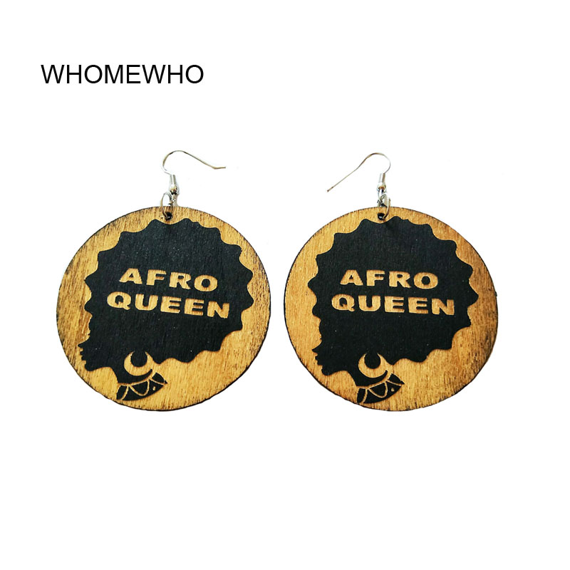

Tribal Wood Africa "AFRO QUEEN" Letters Vintage Earrings Round Wooden Black African Chic Bohemia Ear Jewelry Party Accessories