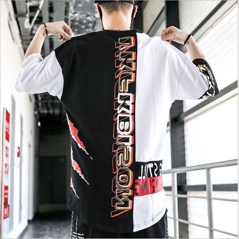

Red Streetwear Men Casual Hip Hop Summer Half SleevFashion High Street Cool Patchwork Tops Male