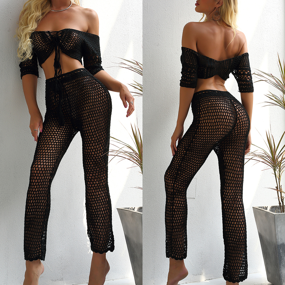 

Handmade Crochet Bikini Cover-up Sexy Ruffle Tassel Women Beach Pants See through Wide Leg Pants Sea Cover Up Trouser Bottoms, White