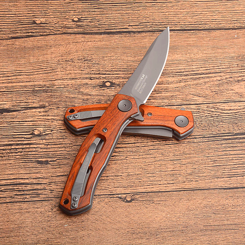

High Quality Kershaw 4020 Flipper Folding Knife 8Cr13MoV Grey Titanium Coated Drop Point Blade Wood Handle Ball Bearing
