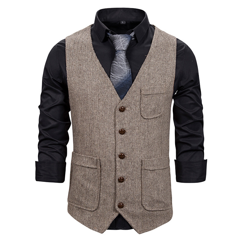 

New Arrival Dress Vests For Men Casual Herringbone Double Pockets Chaleco Hombre Mens Wedding Groomsmen Business Waistcoat, Black