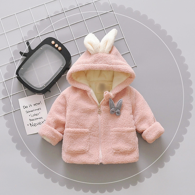 

Winter Plush Baby Girl Jacket Pink Toddler Cartoon Thicken Warm Coat Fashion Newborn Zipper Pockets Hooded Kids Outerwear