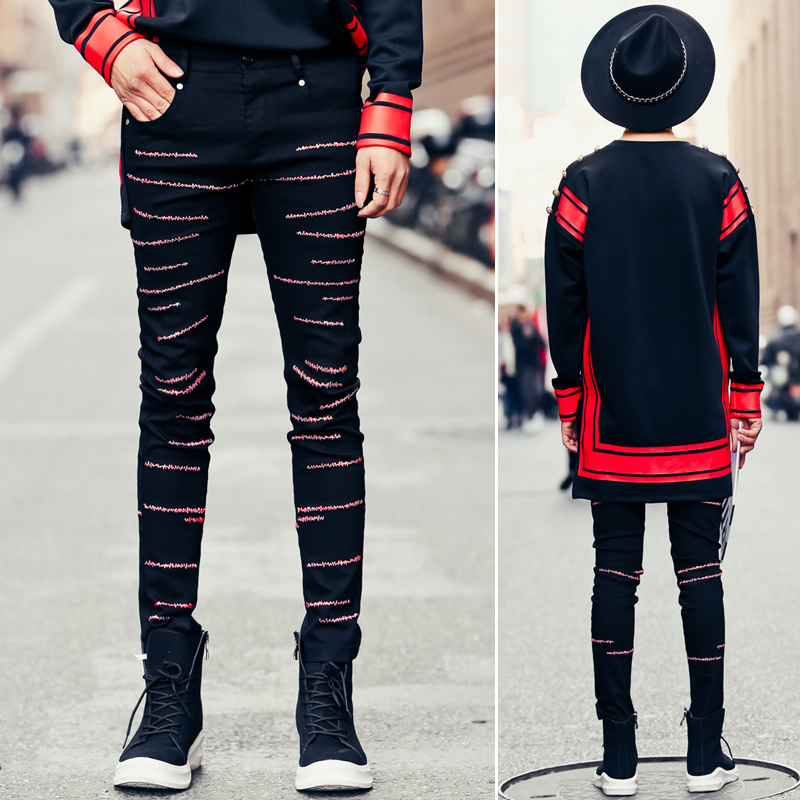 

2020 men's clothing slim skinny jeans personality red line decorative pattern embroidery long denim trousers costumes, Black