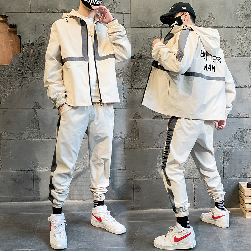 

Januarysnow Mens Streetwear Hooded Tracksuit 2 Pieces Sets Jackets And Cargo Pants Loose Fit Pants Hip Hop Jacket Men's Sportswear, Beige