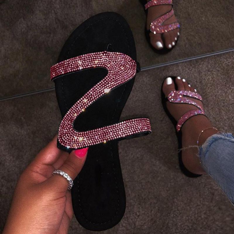 

Flat Slippers With Bling Rhinestones Fashion Slip-on Shallow Flat Shoes Casual Ladies Outdoor Beach Holiday Slipper Flip Flops, Blue