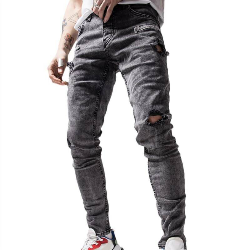 

Mens Denim Jeans Hole Decorated Slim Fit Biker Casual Daily Pants Man Jeans Pockets Casual Grey Stretch Pencil Trousers, Dark grey