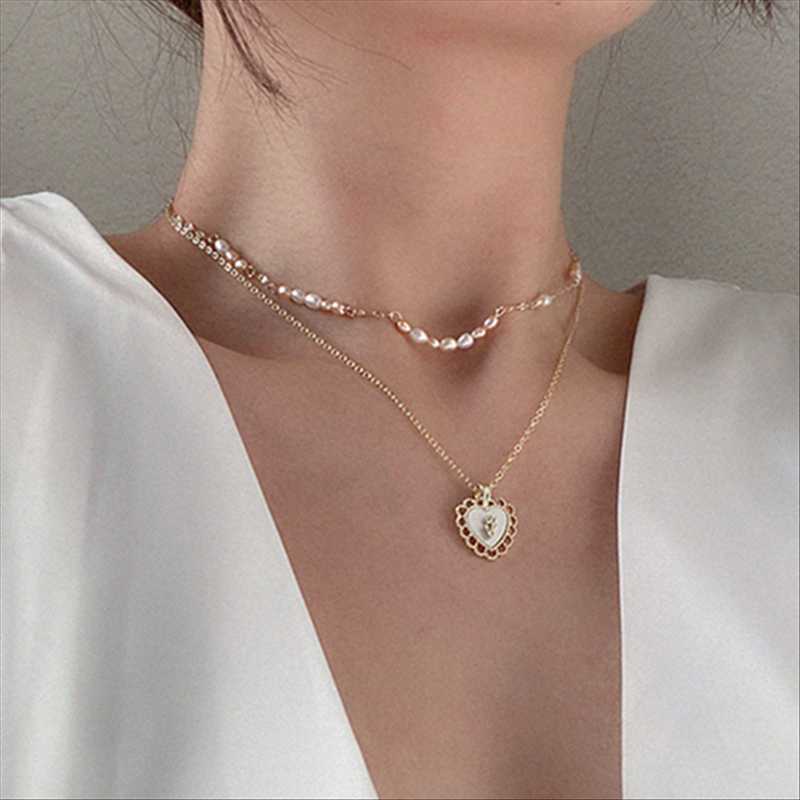 

Fashion Contracted Double Metal Necklace Geometry Heart Pendant Necklace Vintage Pearl Chain Clavicle for Women Jewelry