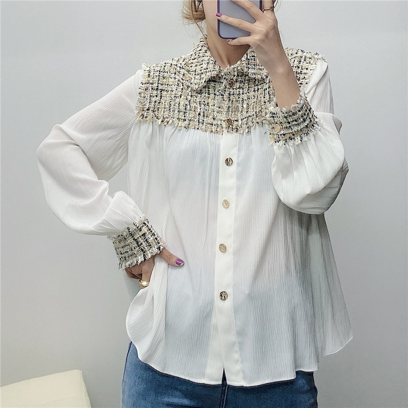 

Stylish Patchwork Tweed Women Blouses Fashion Lapel Collar Long Sleeve Female Shirts Blusas Streetwear Ladies Tops Shirt