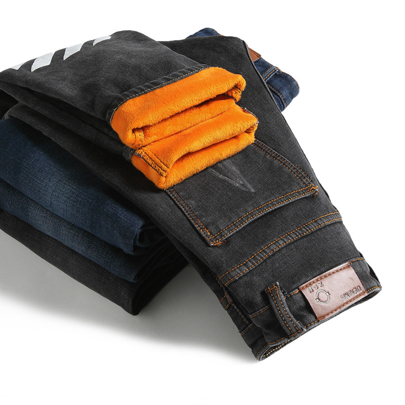 

2020 Autumn and Winter Fashion New Men's Casual Boutique Thick Warm Denim Trousers / Men's Slim Straight Wool Jeans, Black