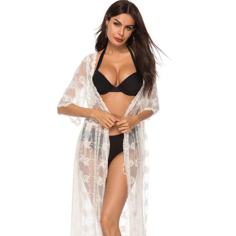 

Lace lace perspective cardigan bikini swimsuit with big swing blouse, Khaki