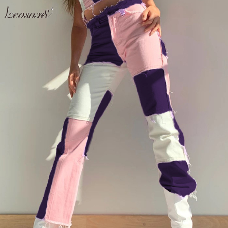 

Jeans Pants Women Chic Streetwear High Waist Straight Patchwork Denim Big Size Pants Trousers 2020 Fashion, Pink
