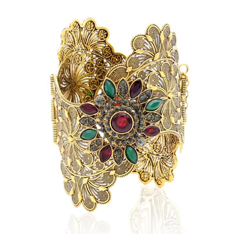 

Vintage India Women Bracelet Armlet Wavy Edge Plus Size Bangle Open Type Roma Flower Gold Color Cuff Bangles Arab Dance Jewelry