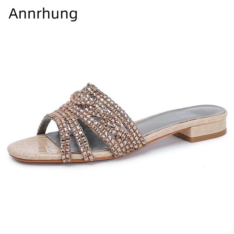 

Diamond Rhinestone 2020 Summer Shoes Woman Sexy Open Toe Flat Heel Sli-on Lazyman Mules Crystal Slippers Women, Apricot