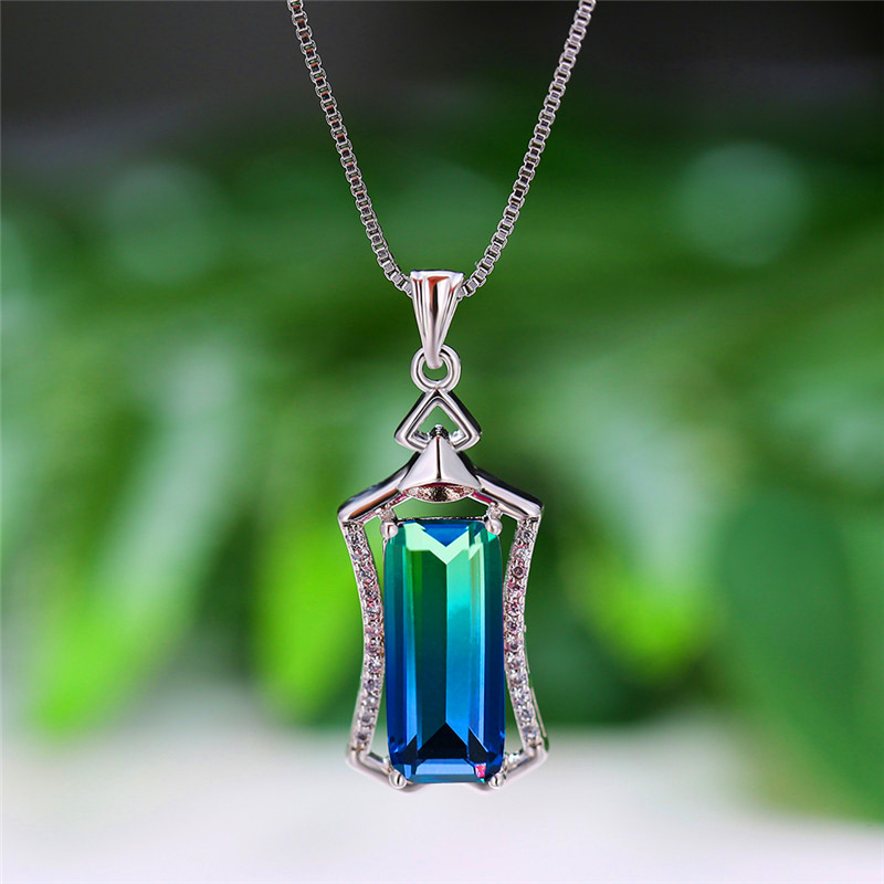 

Simple Female Crystal Pendant Necklace Cool Rainbow Square Chain Necklace Rose Gold Silver Color Wedding Necklaces For Women