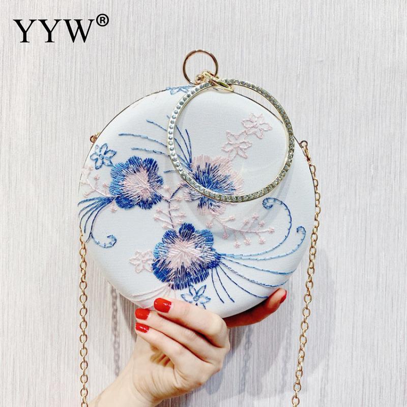 

YYW National Evening Handbag Female Embroidered Floral Round Clutch Rhinestone Handle Handbags Sac A Main Designer Luxury Purse, Royal blue