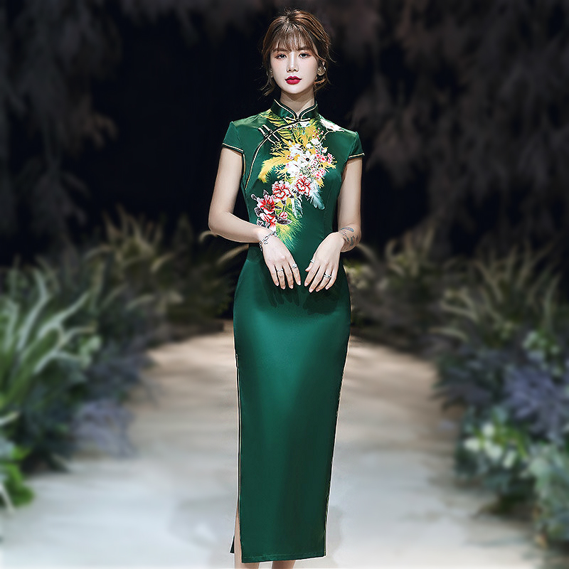 

Sheng Coco Women Plus Size Fashion Green Qipao Dresses Floral High Slit Qipao Dress Slim Long Silk New Cheongsam 3XL 4XL 5XL