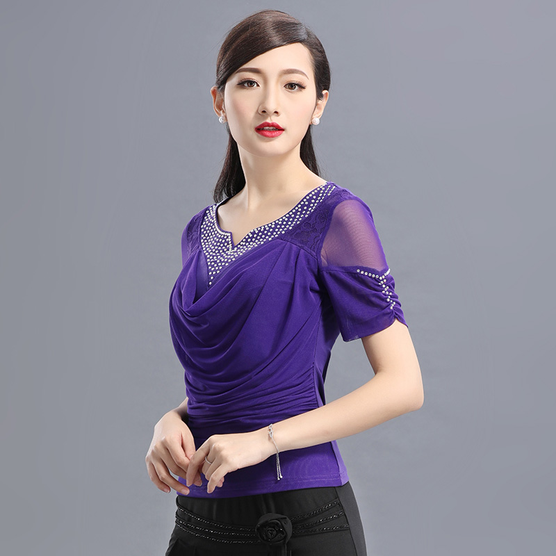 

Latin Dance Shirt Ladies Diamond Dancing Top Short Sleeve Print Ice Silk Dancing Tops Ballroom Square Suit B-6531, Purple