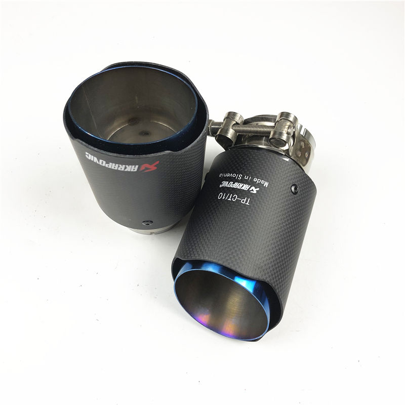 

1 PCS 66MM Inlet Matte Carbon Fiber Akrapovic Muffler Exhaust Tail Pipe For All Cars Single Blue Stainless Steel Exhausts Tips