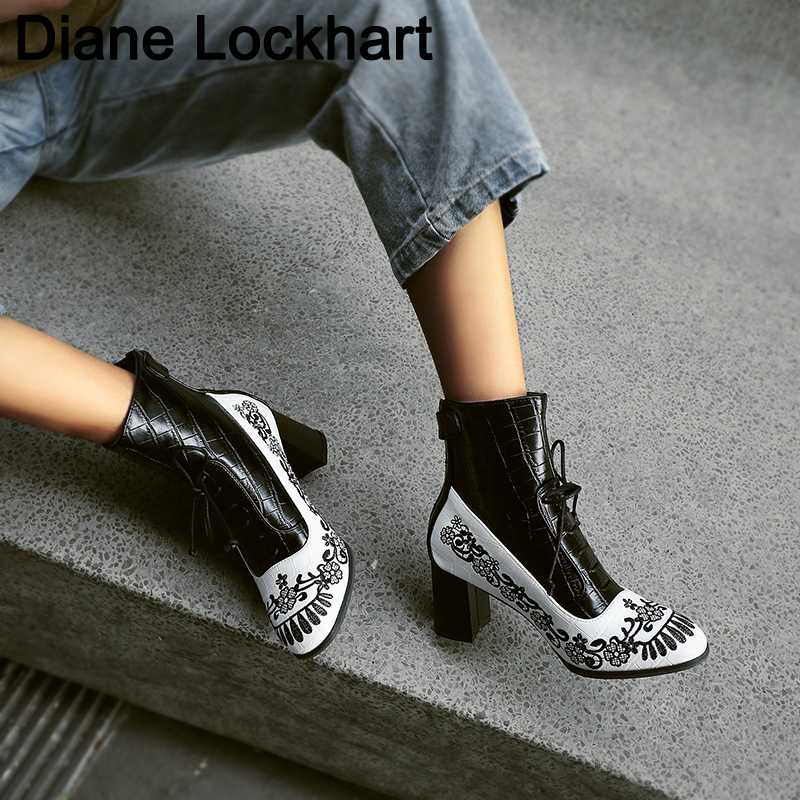 

Retro Printed Booties Leather Women Ankle Boots Embroidery High Heels Casual Woman Shoe Zipper Vintage Female Footwear Boot 37, Blue