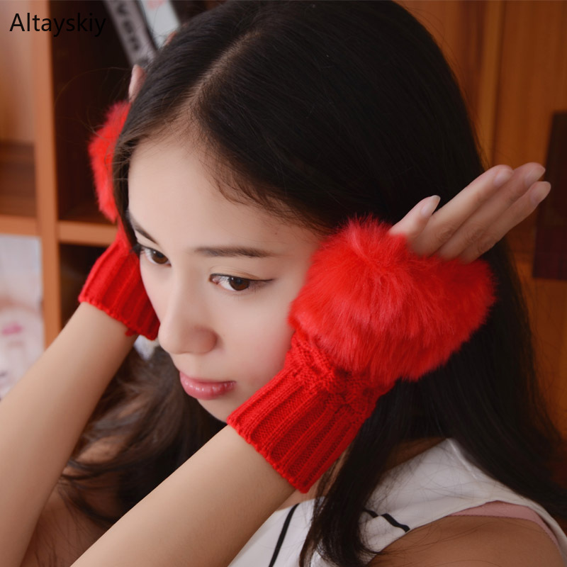 

Gloves Women Solid Knitted Faux Fur Winter Kawaii Half-finger Womens Mittens Finger-less Lovely Plush Soft Warm Glove New