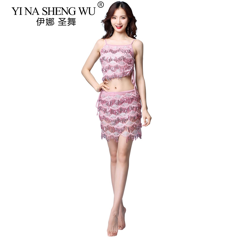 

New Dance Practice Costumes Belly Dance Clothes Sequins Tassel Sexy Skirt Oriental Practice Suit Sling Drawstring 3Pcs Set, Black