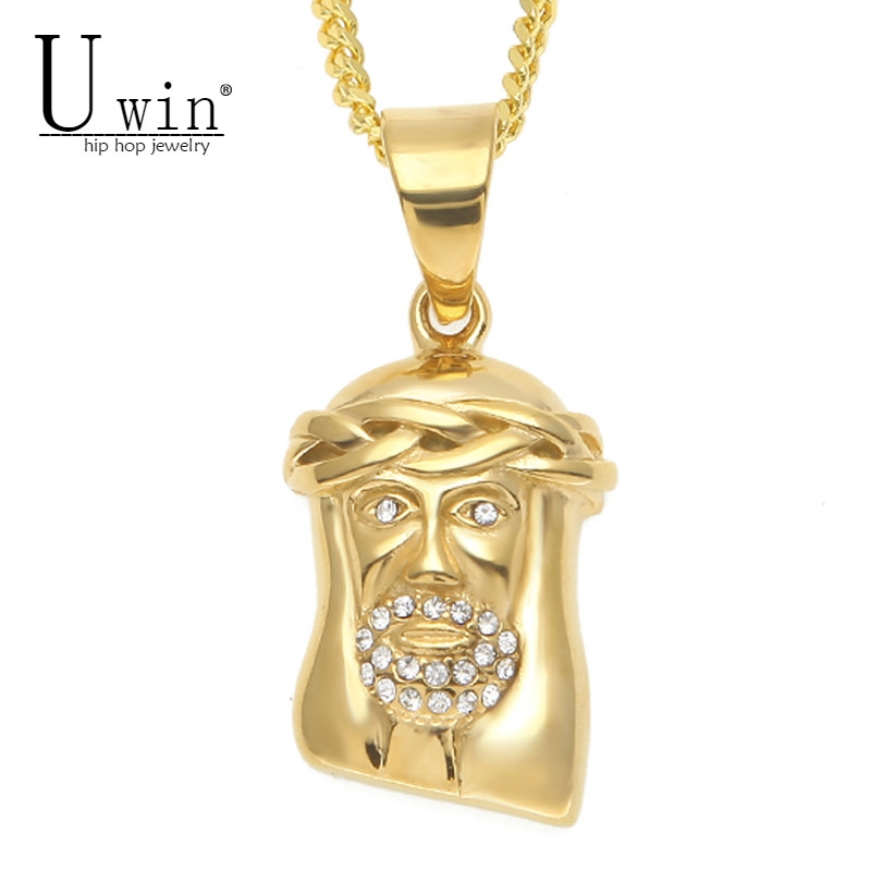 

UWIN Iced Out Jesus Head Pendant Necklace Gold Stainless Steel Jewelry Bling Rhinestone Crystal Men's Hip hop Pendant Necklace